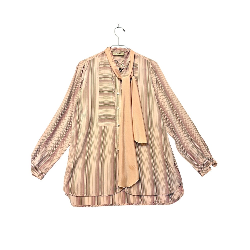 Vintage 1970s Coquette Steven Barry 100% Silk Striped Tie Neck Blouse Pink Scarf